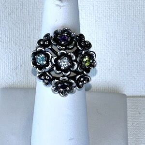 NWOT Israeli Designer Genuine Multi Gemstone & Sterling Floral Ring Bohemian
